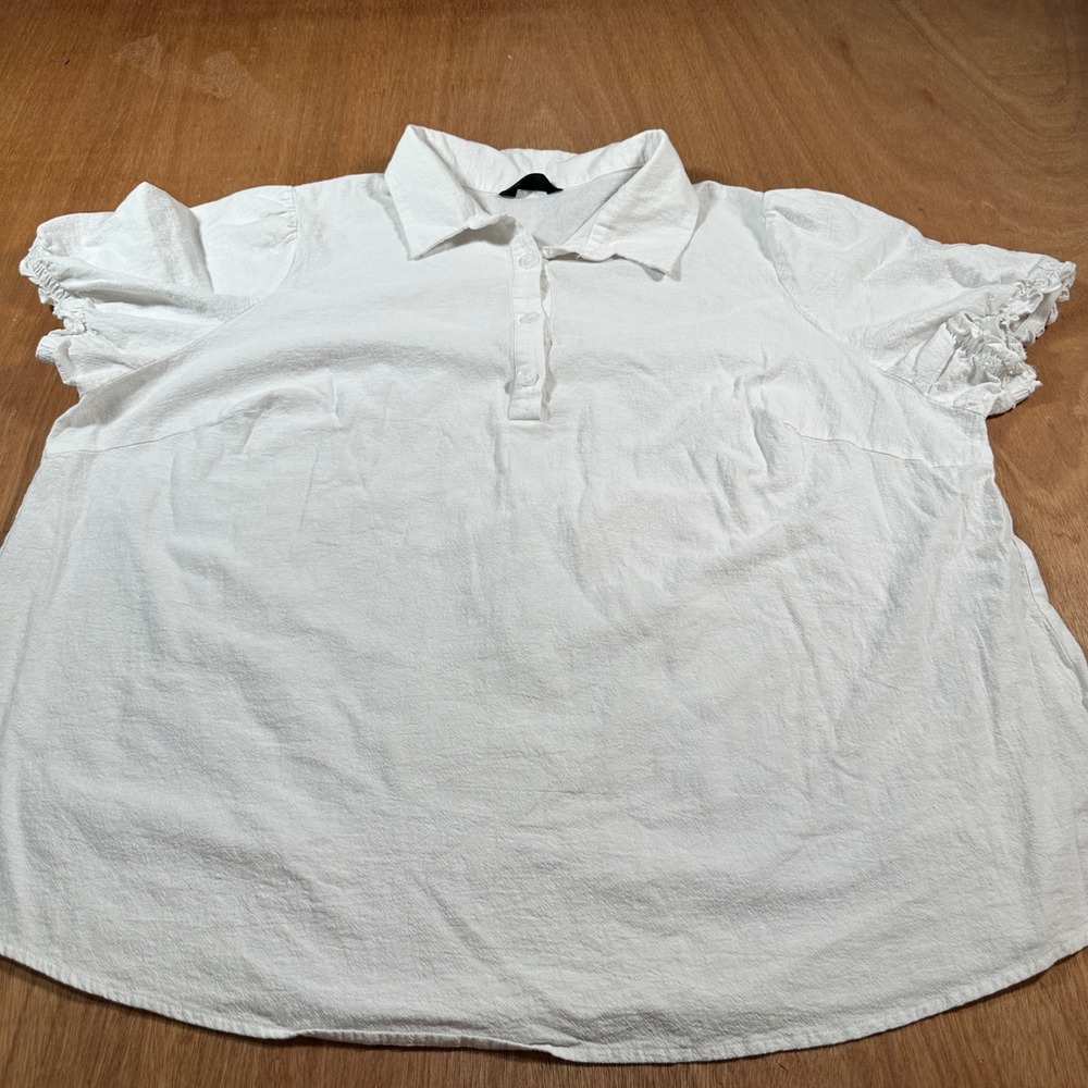 BloomChic Polo Top Women US 26 White Cotton Ruffle Sleeve Textured Blouse